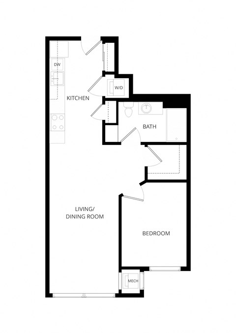 Floor plan for 1 bed, 1 bath, 696 sqft